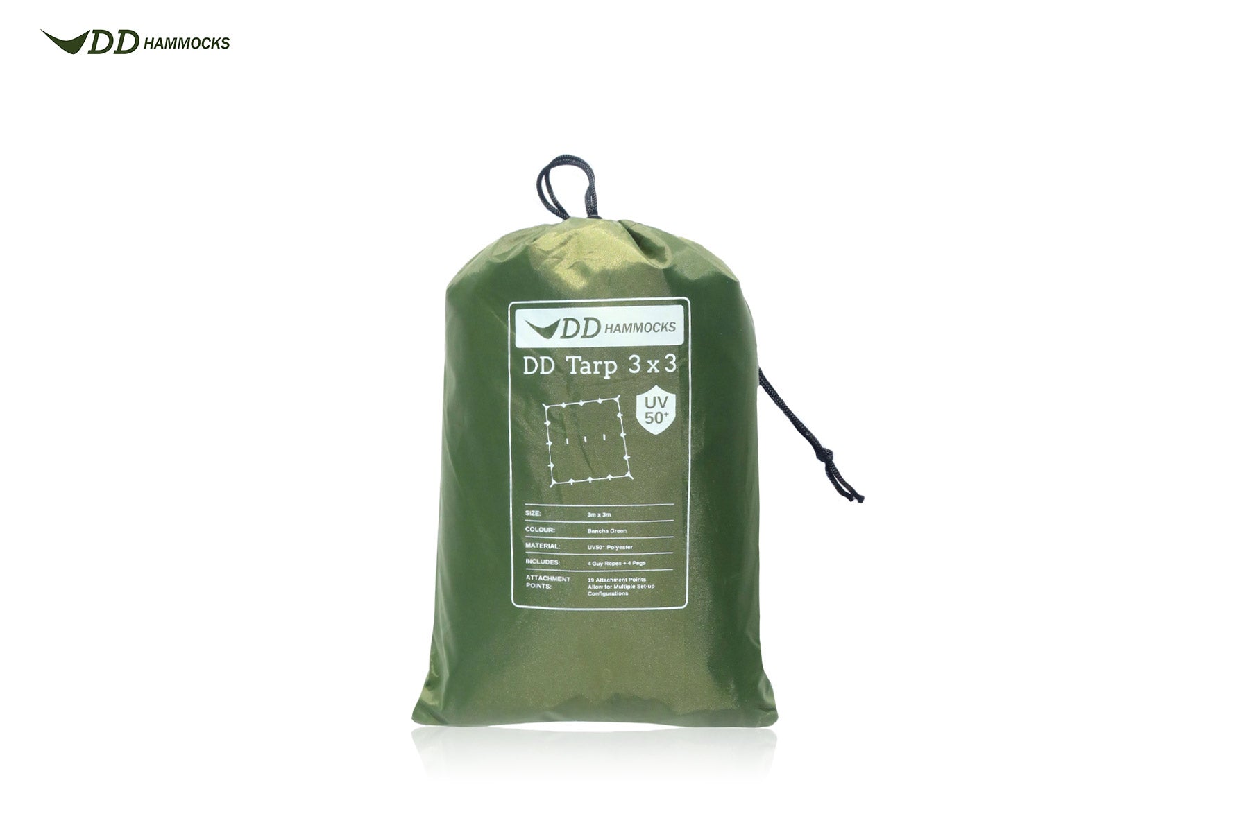 Telo Impermeabile DD Tarp 3,5x3,5 Metri - Verde Bosco, 19 Punti Attacco, Resistente UV, Con Picchetti E Tiranti, Per Amaca E Campeggio
